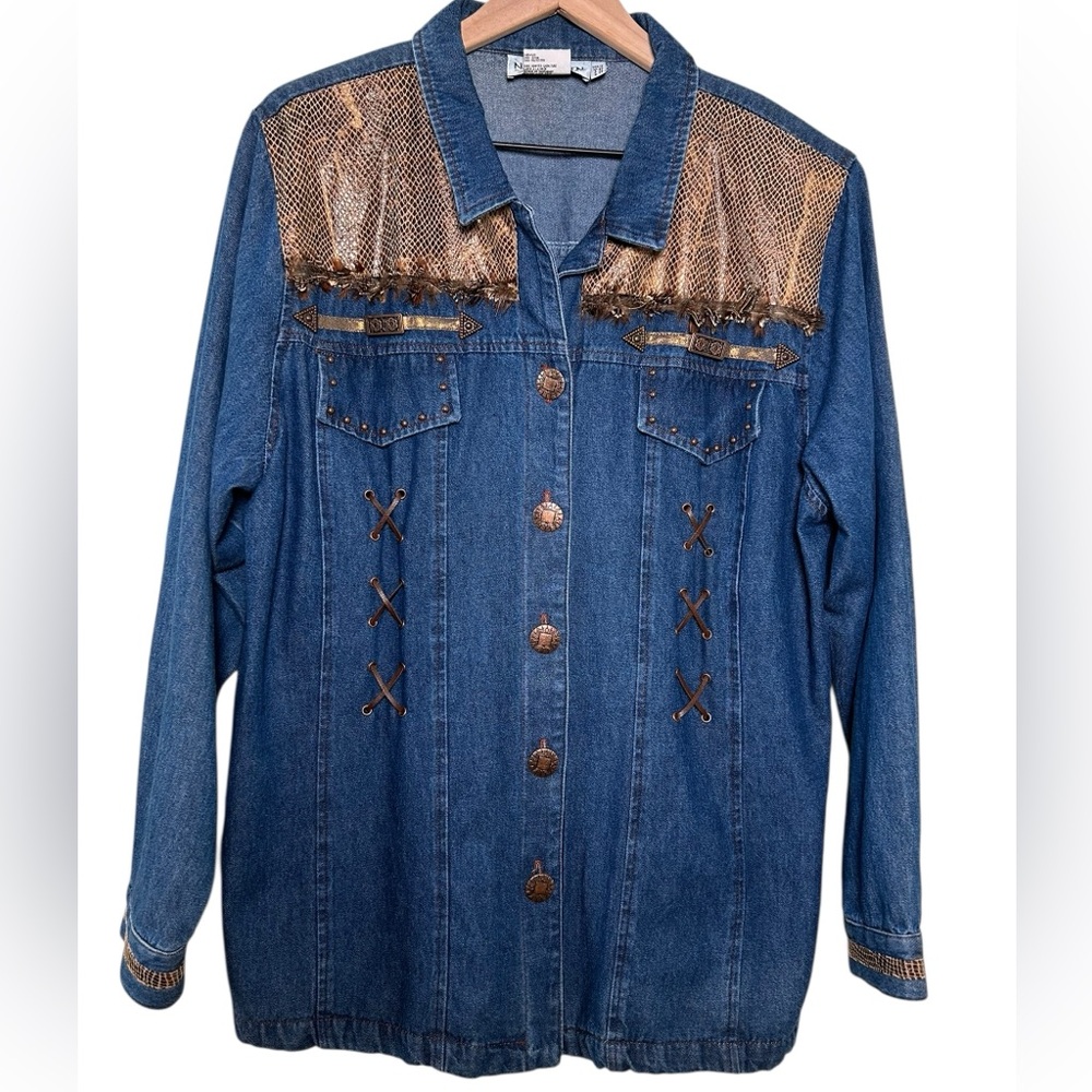 VTG 90s Nancy Bolen Western Boho Denim Shacket Snake Print Feather‎ Trim Sz 18